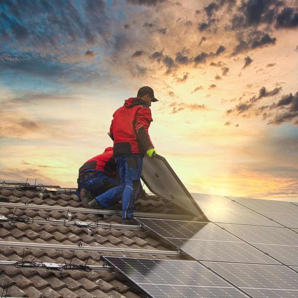 Deux installateurs posent des panneaux solaires sur un toit de tuiles, sous un ciel orangé au coucher du soleil. Les modules brillent.