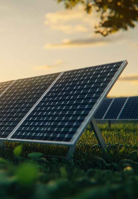 Panneaux solaires: Énergie verte sous un coucher de soleil doré. Panneaux solaires noirs brillants dans un champ verdoyant, éclairés par la lumière dorée d'un coucher de soleil. Un arbre flou en arrière-plan.